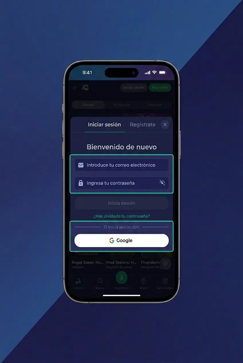 Pantalla de inicio de sesión en la app móvil de Bruno Casino con acceso rápido al casino y apuestas deportivas