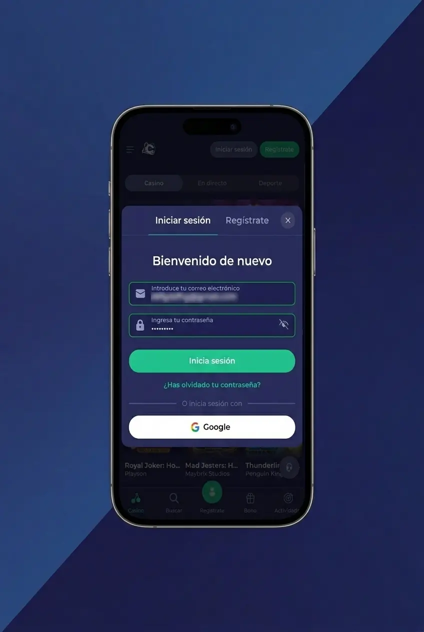 Pantalla de inicio de sesión en la app móvil de Bruno Casino con acceso rápido al casino y apuestas deportivas