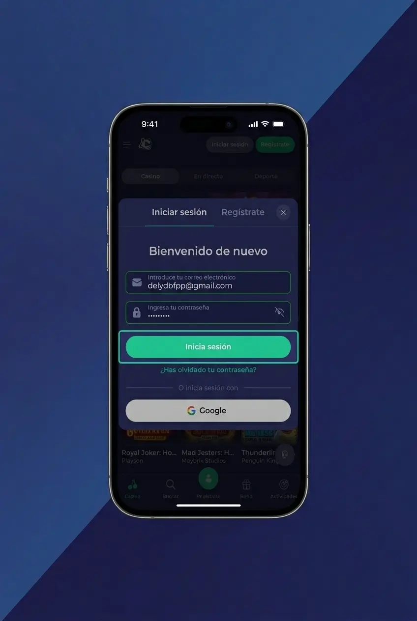 Pantalla de inicio de sesión en la app móvil de Bruno Casino con acceso rápido al casino y apuestas deportivas