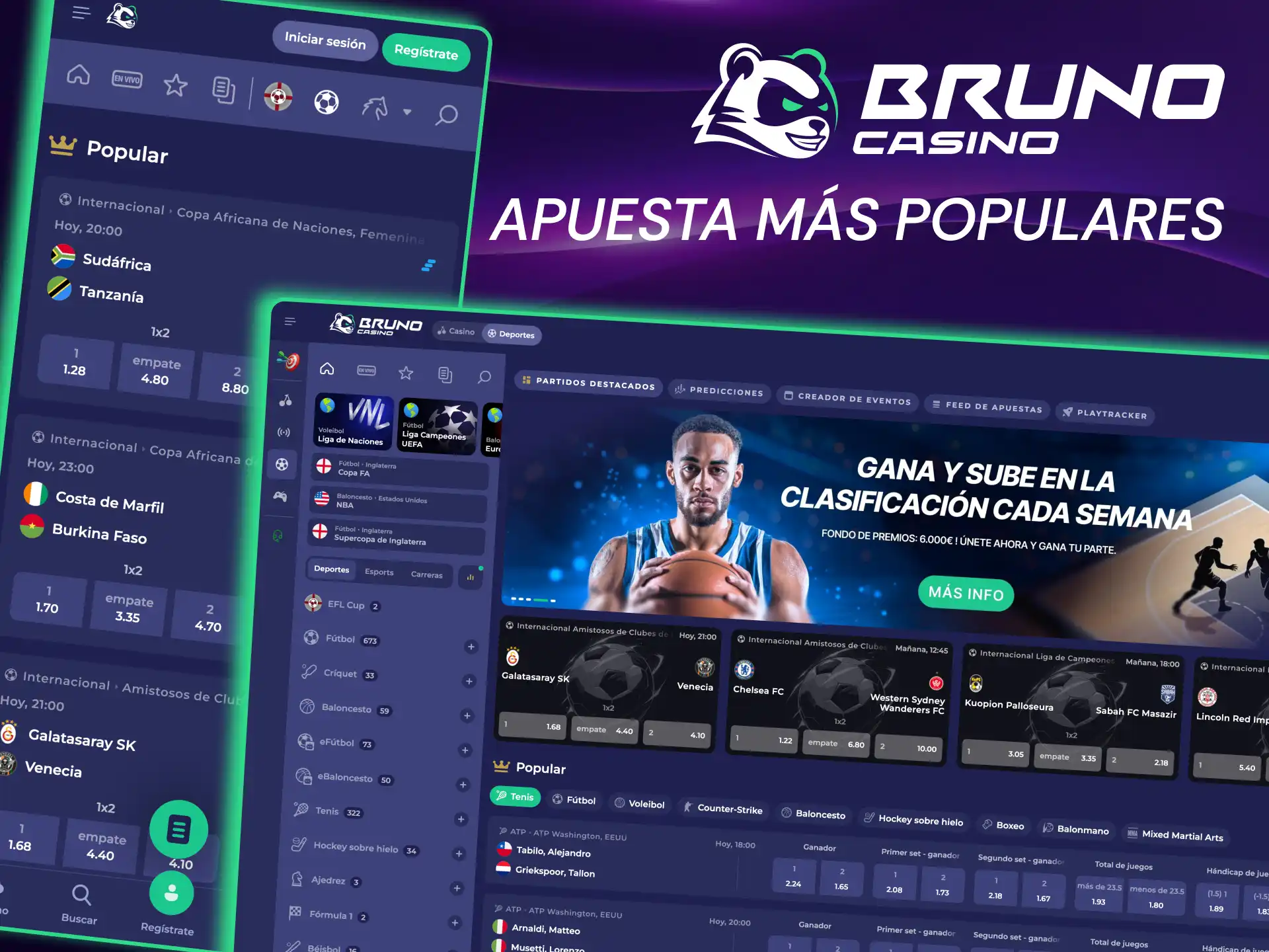 Apuestas en vivo de Bruno Casino activas durante todo el evento deportivo.