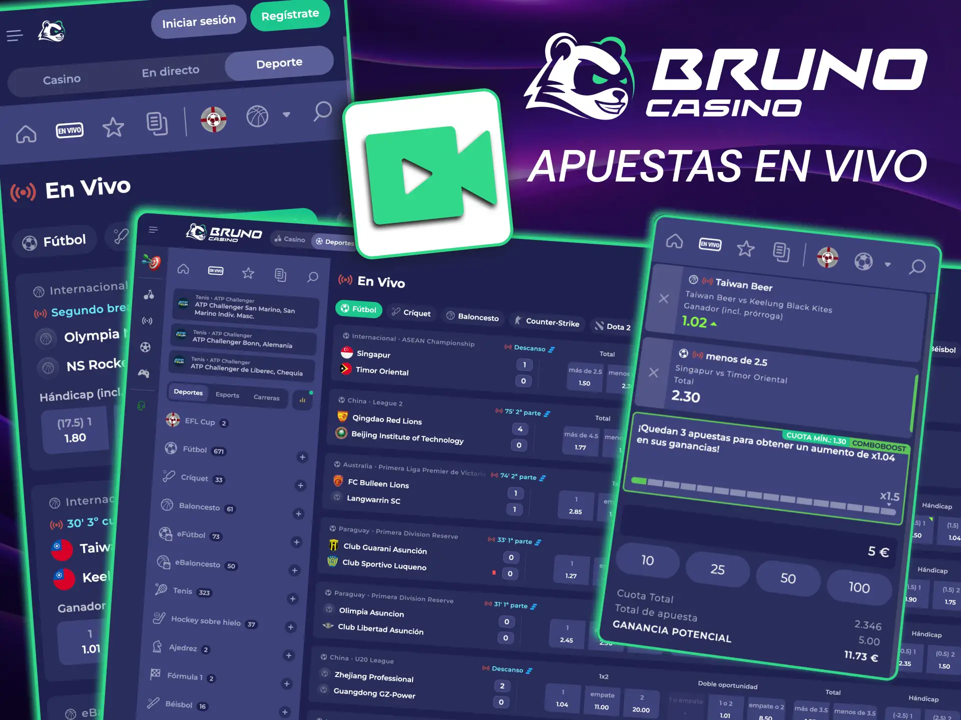 Bruno Casino brinda apuestas en vivo en fútbol, tenis, baloncesto y esports.