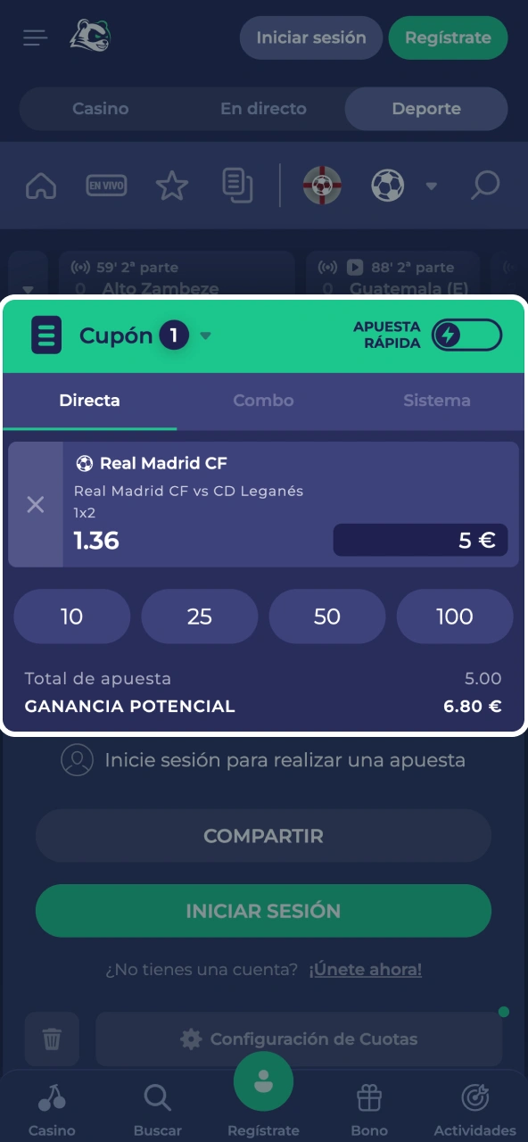 Bruno Casino ofrece boletín lateral donde ingresas importe y ves retorno.