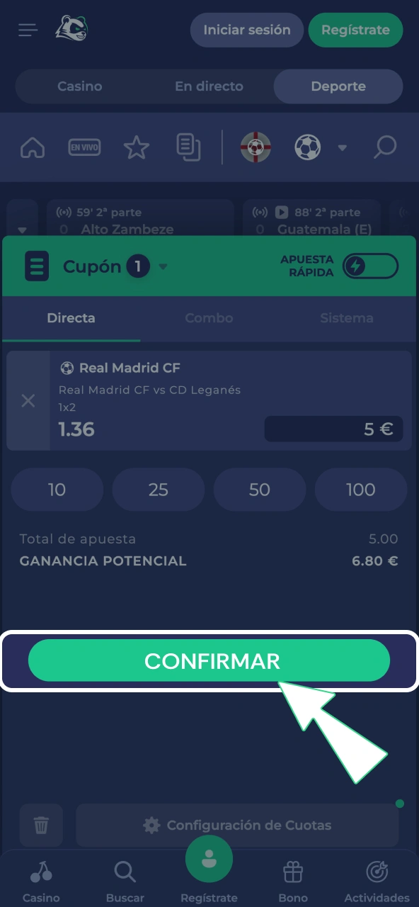 En Bruno Casino registras tu apuesta y aparece confirmación en pantalla.