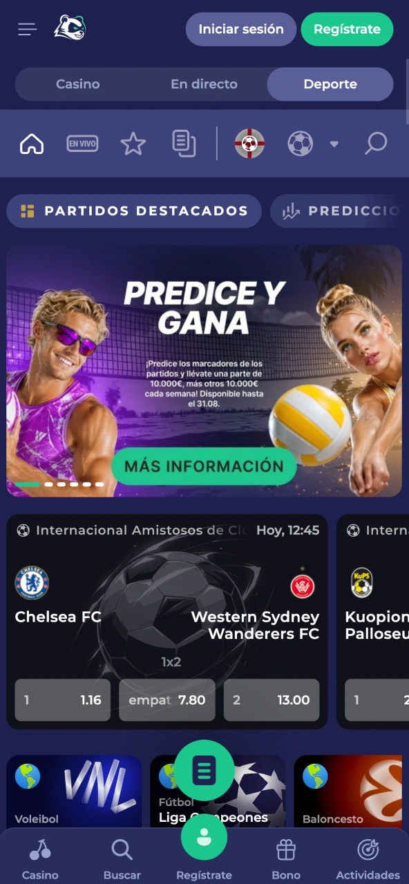 Selección deportiva de Bruno Casino permite localizar partidos y competiciones.
