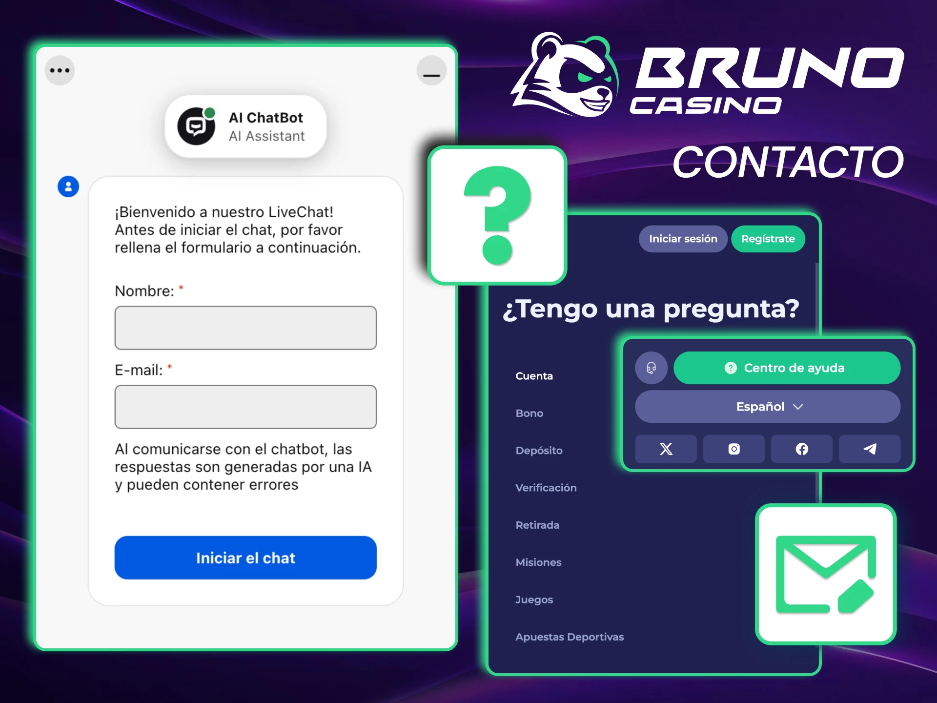 Soporte de Bruno Casino disponible siempre con correo y chat inmediato.