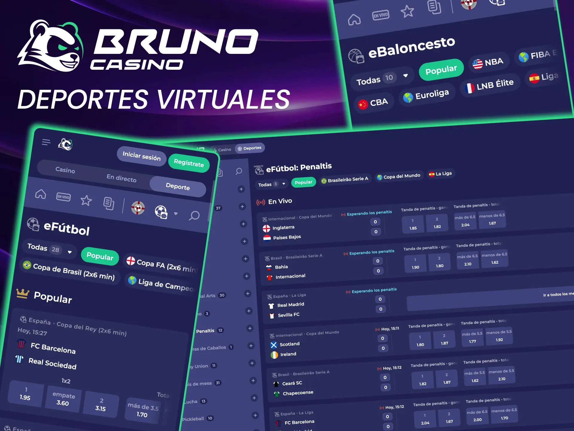 Deportes virtuales de Bruno Casino incluyen fútbol, ciclismo y carreras simuladas.