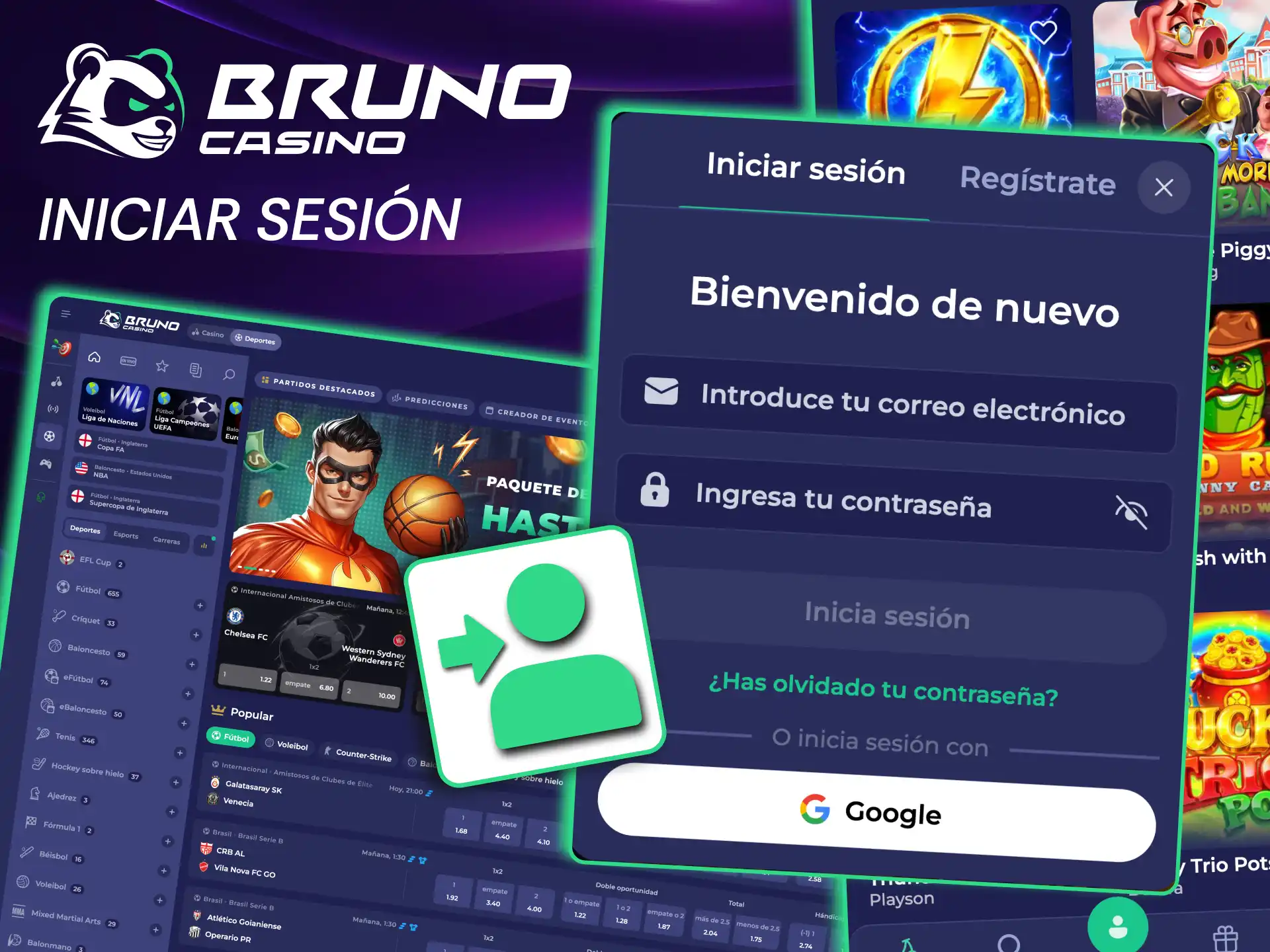 Acceso a Bruno Casino con correo o teléfono y código de seguridad.
