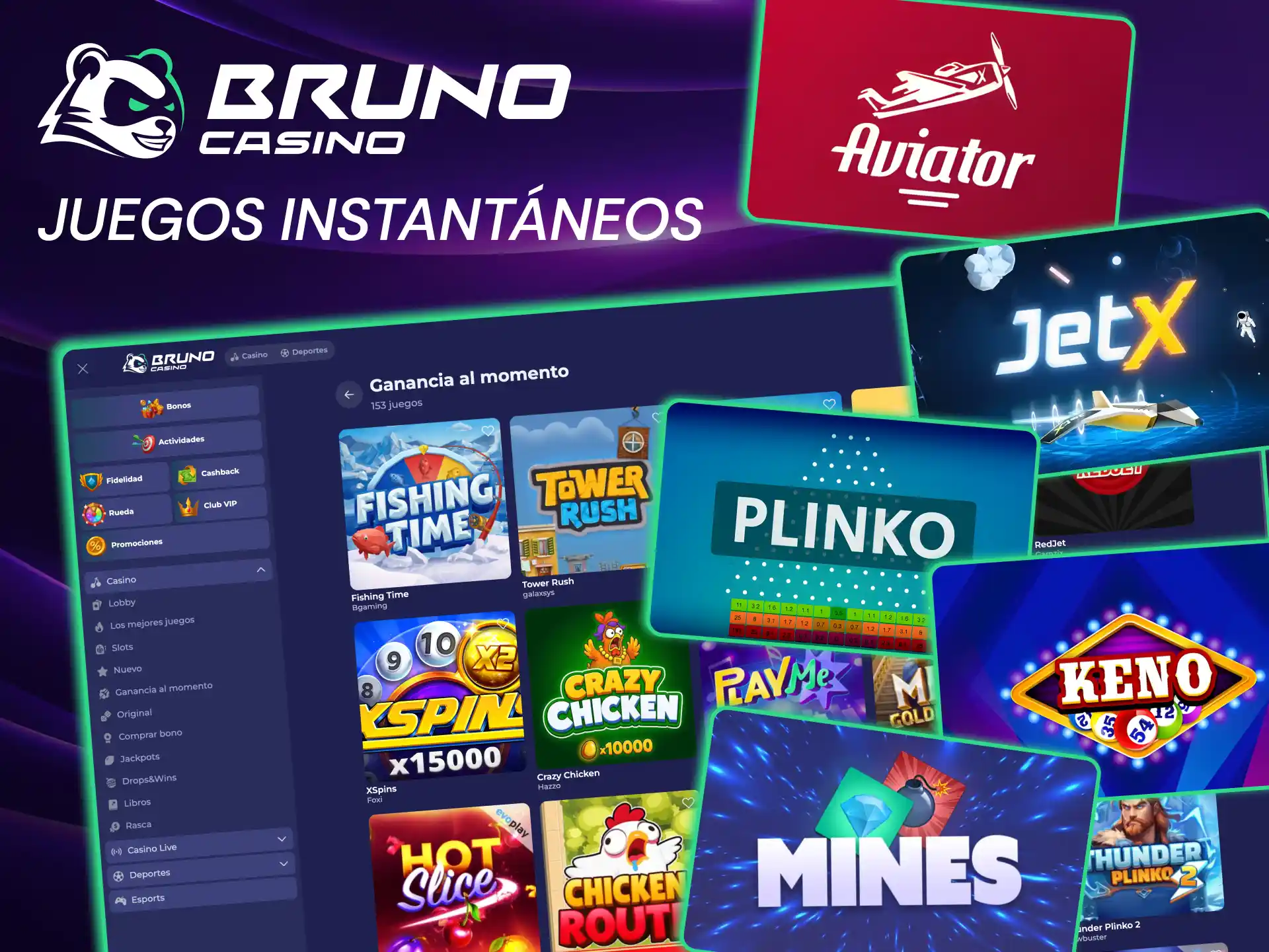 Instantáneos de Bruno Casino incluyen Crash Games, Plinko y raspadores digitales.